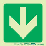 Green 190 mm Photoluminescent Safety Sign with a Large Down Arrow, SABS Approved (SANS 1186-5:2006), Providing Emergency Exit Sign Directional Guidance in Low Light Areas, from Brand 67, Offering Continuous Glow for Enhanced Visibility and Safety.