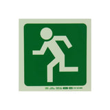 67 Brand Photoluminescent 190 mm Safety Sign, E28-Running Man Facing Left, Green with White Figure, SABS Approved for Compliance Signage, Providing Essential Wayfinding Information in Low Light Areas.