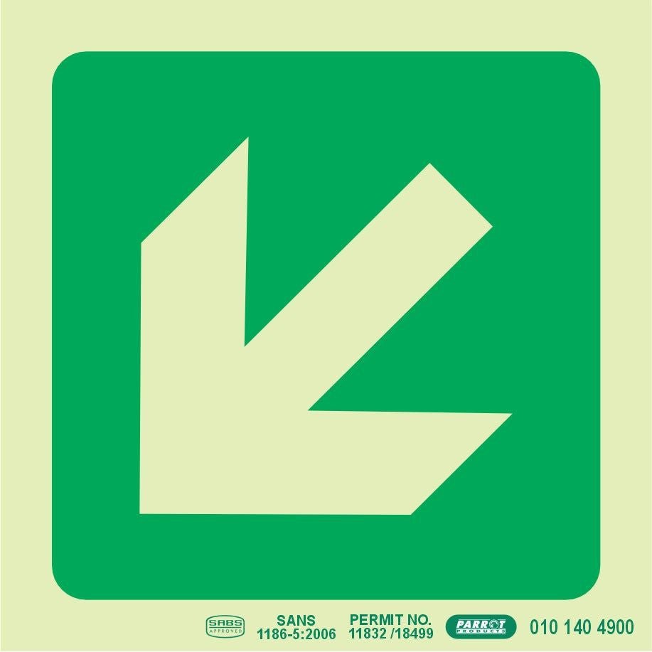 Photoluminescent 190MM Safety Sign – E30-Diagonal Arrow Down AND Left