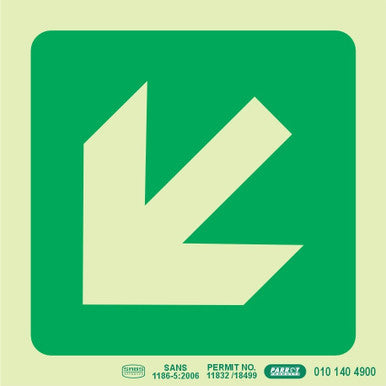 Photoluminescent 190mm Safety Sign - E30 - Diagonal Arrow Down and Left