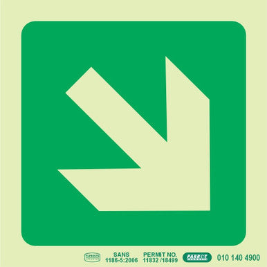 Photoluminescent 190mm Safety Sign - E31 - Diagonal Arrow Down and Right