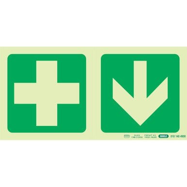 Photoluminescent 190MM Safety Sign – E7A-Green Cross+Arrow Down