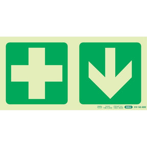 Photoluminescent 190MM Safety Sign – E7A-Green Cross+Arrow Down