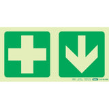 Photoluminescent 190mm Safety Sign - E7A - Green Cross+arrow Down