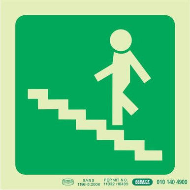 Photoluminscent 190mm Safety Sign - E9 - Running Man on Stairs Going Up and Left