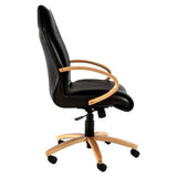 Black Leather Office Chair with Wooden Frame, High-back Design, and Ergonomic Armrests on a Five-Star Wooden Base with Wheels, Showcasing a Sturdy Wooden Frame Chair with a Sleek, Modern Aesthetic.