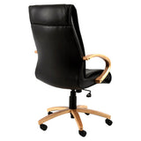 Black Leather Pimento Wooden High-back Office Chair by 67, Featuring Wooden Arms and Base with Wheels, Showcasing Corporate Office Seating Solution with Ergonomic Design and Stylish Aesthetic, Ideal for Comfort and Durability in Modern Workplaces.
