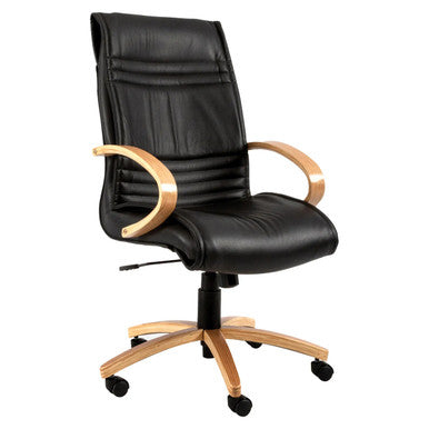 Black Leather Pimento Wooden High-back Office Chair by 67, Featuring Wooden Arms and Base, on Castors, Perfect for Corporate Office Seating with Ergonomic Design and Stylish Aesthetic.