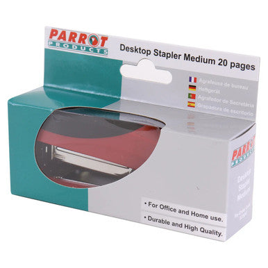 Plastic Medium Desktop Staplers 105*(24/6 26/6) - Red 20 Pages, Product Image Showing the Packaging of a Red Plastic Desktop Stapler with a Metal Stapling Mechanism for Office and Home Use.
