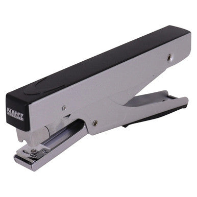 Silver Plier Stapler from Brand 67, Loaded with Standard Staples, Staples up to 50 Pages, Featuring Durable High-Quality Construction, with a Sleek Silver and Black Design, Suitable for Heavy-Duty Use with 105 Staples.
