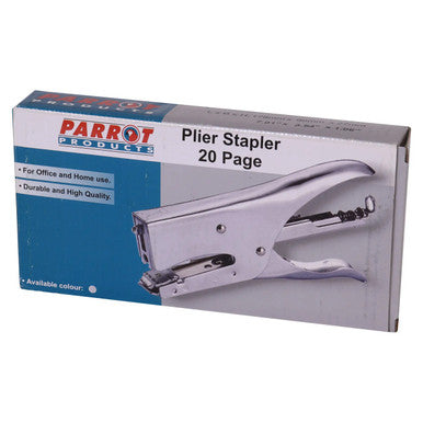 Silver Plier Stapler by Parrot, a Document Stapler, Staples up to 20 Pages, Featuring a Durable Design and Contoured Grip, Loaded with 210 Staples, Showcasing Its Extra Long Throat for Easy Stapling from Any Angle.