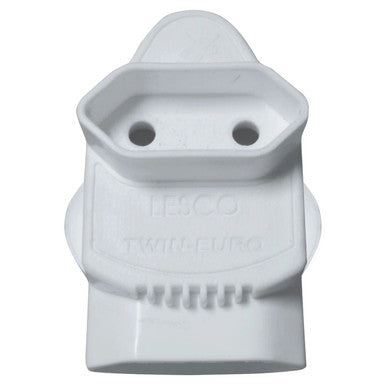Plug - RSA Twin Euro Adaptor, Close-Up View of the White Electrical Power Plug Adapter with Two Round Holes for Euro Sockets.