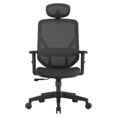Pluto Mesh High-back Office Chair by 67, Featuring a Sleek Black Mesh Design, Adjustable Headrest, and Breathable Seat, Presented on a White Background, Showcasing Its Modern and Ergonomic Style.