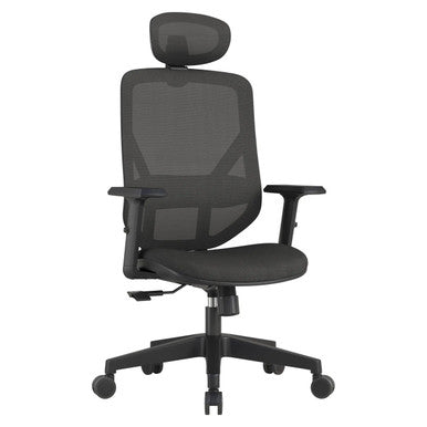 Black Pluto Mesh High-back Office Chair by 67, Featuring a Breathable Seat and Backrest, Adjustable Headrest, and Ergonomic Design with Armrests, on a Sleek Five-Star Base with Castors, Promoting Comfort and Modern Style.