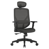 Black Pluto Mesh High-back Office Chair by 67, Featuring a Breathable Seat and Backrest, Adjustable Headrest, and Ergonomic Design with Armrests, on a Sleek Five-Star Base with Castors, Promoting Comfort and Modern Style.