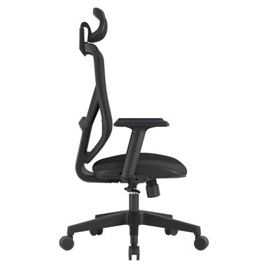 Black Pluto Mesh High-back Office Chair by 67, Featuring a Sleek Mesh Design and Adjustable Features, Showcased in a Side View with a High Backrest and Five-Star Base with Casters, Embodying Comfort and Modern Style as a High-back Chair.