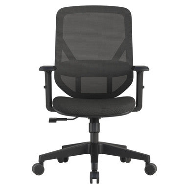 Black Mesh Office Chair with Tilt Mechanism, Featuring a Medium-back Design, Adjustable Armrests, and Five-Star Base with Casters, from Brand 67, Showcasing a Sleek and Breathable Pluto Mesh Medium-back Office Chair.