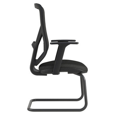 Black Pluto Mesh Visitor Office Chair by 67, Featuring a Sleek Mesh Design, Fixed Nylon T Arms, and a Modern Aesthetic, Perfect for Modern Office Design, Showcasing Comfort and Style in a Durable, Ergonomic Office Chair.
