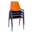 Poly Shell Junior Chair 325 mm High CHE-PSC-G4, Stack of Colourful Plastic Junior Chairs with Metal Legs in Orange, Black, Blue, and Red.