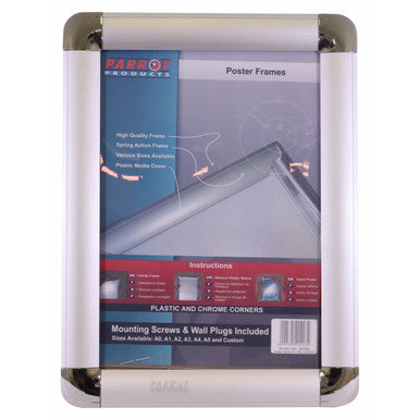 Poster Frame (A0 - 1250 x 900 mm - Chrome Corner) BG3000, a High-Quality Poster Display Frame with Chrome Corners and Spring Action Mechanism.