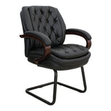 Black President Visitor Office Chair with Tufted Leather Upholstery, Wooden Armrests, and Metal Legs, Ideal as a Reception Area Chair, Showcasing Comfort and Style for Executive Offices and Meeting Spaces.