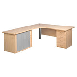 Pulse Office Cluster Desk with Four Drawer Desk High Pedestal and Roller Door Credenza, Light Wood Office Desk with Attached Side Cabinet and Drawers
