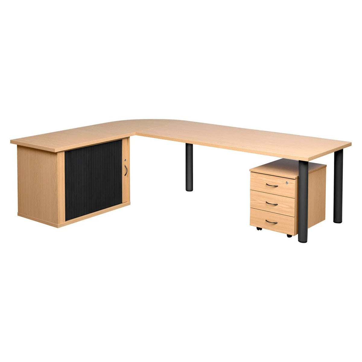 Pulse Office Desk with Rolling Door Credenza and Three Drawer Mobile Pedestal