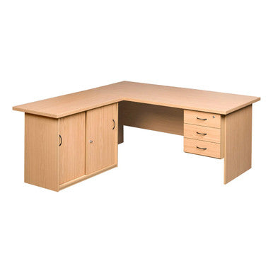 Pulse Office Desk with Sliding Door Credenza and Three Drawer Attached Pedestal