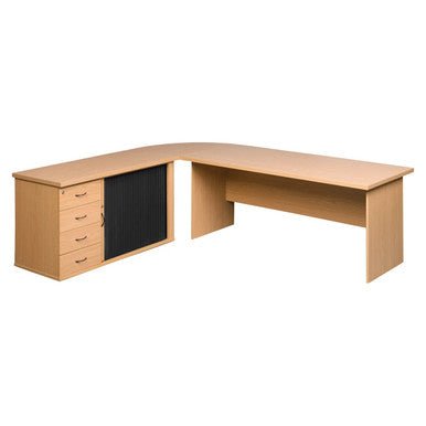 Pulse Office Desk with Sliding Door Credenza and Three Drawer Fixed Pedestal