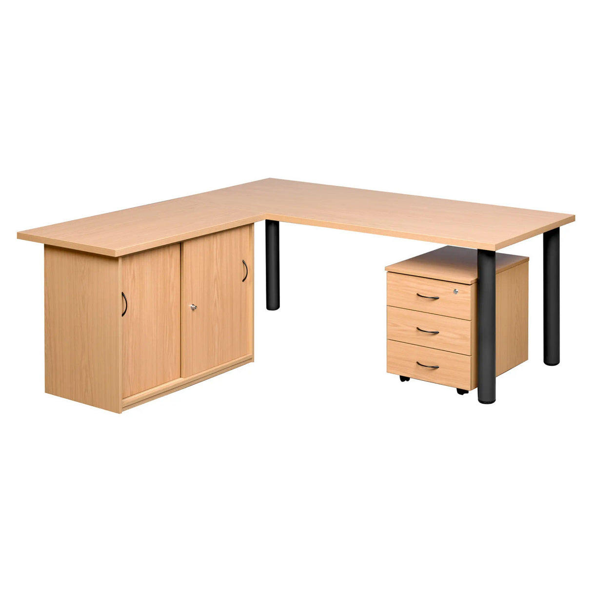 Pulse Office Desk with Sliding Door Credenza and Three Drawer Mobile Pedestal
