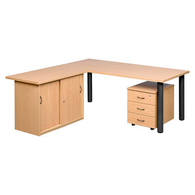 Pulse Office Desk with Sliding Door Credenza and Three Drawer Mobile Pedestal