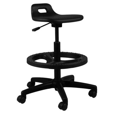 Q14 Industrial Draughtsman Chair ISC-DCH-IND-Q14, Black Ergonomic Office Chair with Adjustable Height and a Circular Footrest, on a Five-Star Wheeled Base.