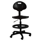 Black Q20 Econo Draughtsman Chair by 67, Featuring Industrial-Grade PU Seat and Back, on a Five-Legged Base with Wheels, Providing Durable Office Seating with Ergonomic Support and Adjustable Functionality.