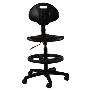 Black Q20 Econo Draughtsman Chair by 67, Featuring Industrial-Grade PU Seat and Back, on a Five-Legged Base with Wheels, Providing Durable Office Seating with Ergonomic Support and Adjustable Functionality.
