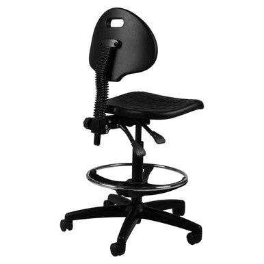 Black Q20 Industrial Draughtsman Chair by 67, Featuring a Sturdy Base, Adjustable Height, and PU Back and Seat, Ideal for Creating a Comfortable Workplace with Its Ergonomic Design and Durable Construction.