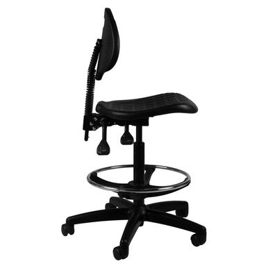 Black Ergonomic Chair with Industrial PU Back and Seat, Featuring a Robust Base and Adjustable Mechanism, from Brand 67, Showcasing the Q20 Industrial Draughtsman Chair's Modern Design and Comfortable Features.