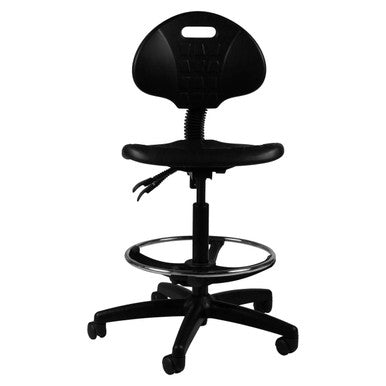 Black Q20 Industrial Draughtsman Chair by 67, Featuring Industrial PU Back and Seat, IS80 Mechanism, and Five-Star Base with Wheels, Ensuring Reliable Delivery South Africa for Comfortable and Durable Seating Solutions.
