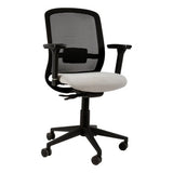 Reef Operators Office Chair Sac-Och-Ree, Ergonomic Office Chair with a Black Mesh Backrest, White Cushioned Seat, Adjustable Armrests, and a Five-Wheel Base for Mobility.