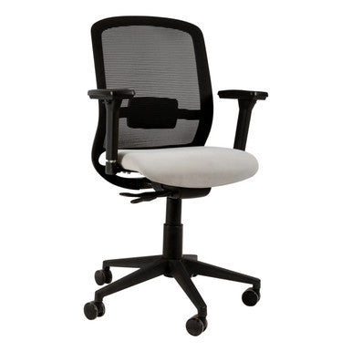 Reef Operators Office Chair Sac-Och-Ree, Ergonomic Office Chair with a Black Mesh Backrest, White Cushioned Seat, Adjustable Armrests, and a Five-Wheel Base for Mobility.