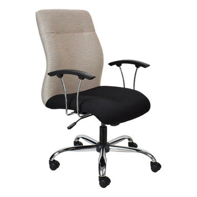 Rhona Posture Medium-back Ergonomic Office Chair by Office Stock South Africa, Featuring a Beige Fabric Back, Black Cushioned Seat, Adjustable Armrests, and a Five-Legged Chrome Base with Castors.