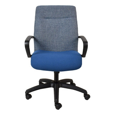 Rhona Posture Medium-back Office Chair with Blue Seat and Grey Fabric Backrest, Black Arms and Base, Featuring a Sturdy 5-star Base with Castors, Designed for Comfort and Support in a Modern Office Setting.