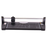Rotary Trimmer, A4 Size, Used for Trimming Paper up to 10 Sheets at a Time, with a Cutting Length of 318 mm, Featuring a Black Cutting Platform with Measurement Guides and a Safety Guard.