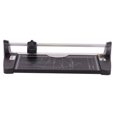 Rotary Trimmer, A4 Size, Used for Trimming Paper up to 10 Sheets at a Time, with a Cutting Length of 318 mm, Featuring a Black Cutting Platform with Measurement Guides and a Safety Guard.