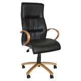 Salvador Wooden High-back Office Chair by 67, Featuring a Black Leather Seat and Backrest with Wooden Arms and Base, a Stylish Wooden Office Chair with Ergonomic Design and Adjustable Features.