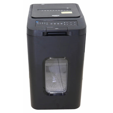 Shredder Paper 140 Sheet 4 x 12 mm Mini Cross Cut Auto Feed, Black Paper Shredder with Transparent Window and Control Panel on Top.