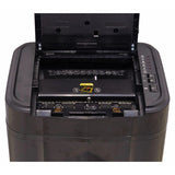 Shredder Paper 140 Sheet 4 x 12 mm Mini Cross Cut Auto Feed S1140AF, Black Paper Shredder with Open Paper Input Tray and Control Buttons on the Right Side.