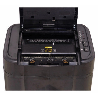 Shredder Paper 140 Sheet 4 x 12 mm Mini Cross Cut Auto Feed S1140AF, Black Paper Shredder with Open Paper Input Tray and Control Buttons on the Right Side.