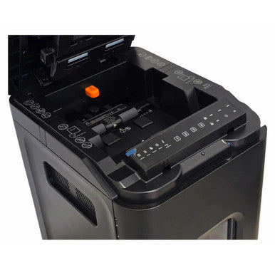 Shredder Paper 140 Sheet 4 x 12 mm Mini Cross Cut Auto Feed, Image Shows a Paper Shredder with an Open Top and Control Panel.