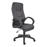 Siavita High-back Chair, a Black Office Chair with a High Backrest, Cushioned Seat, and Armrests, on a Five-Legged Base with Wheels, Made of Leather and Metal, Providing Ergonomic Support and Comfort for Long Working Hours.
