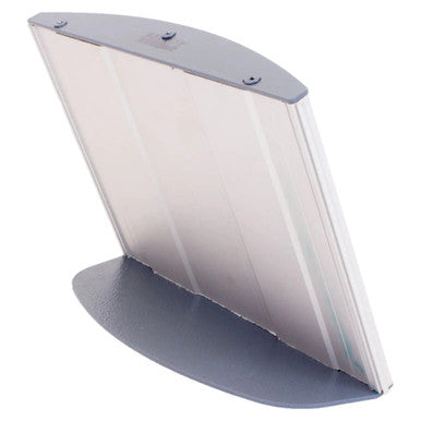 Sign Frame - Desk Top Landscape (210 x 148 mm) SF2115H, a Silver-Coloured Desktop Sign Holder with a Curved Base and a Clear Front Display for Signage.